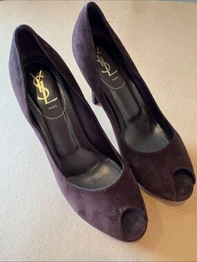 Yves Saint Laurent YSL Brown Suede Peep-Toe 4" Heels
